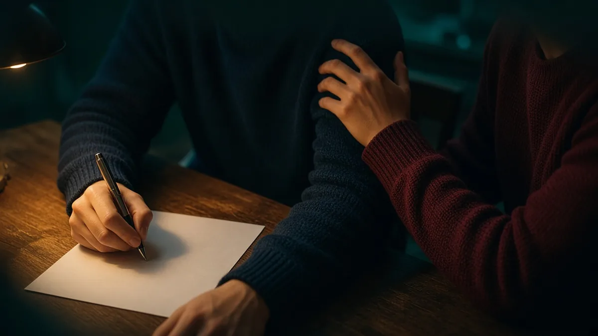 Una persona firma los documentos de la hipoteca de noche mientras su pareja le apoya la mano en el hombro, bajo la luz cálida de una lámpara
