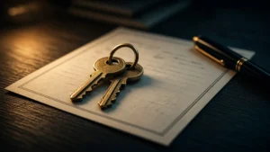 Dos llaves unidas en un mismo llavero sobre una escritura de hipoteca, iluminadas por una luz cálida en la penumbra