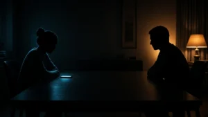 Siluetas de una pareja sentada en extremos opuestos de una mesa oscura, con luz azul del móvil y lámpara cálida