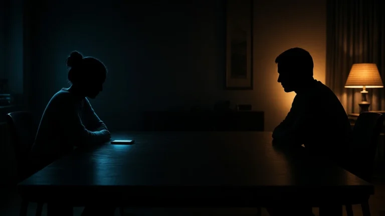 Siluetas de una pareja sentada en extremos opuestos de una mesa oscura, con luz azul del móvil y lámpara cálida