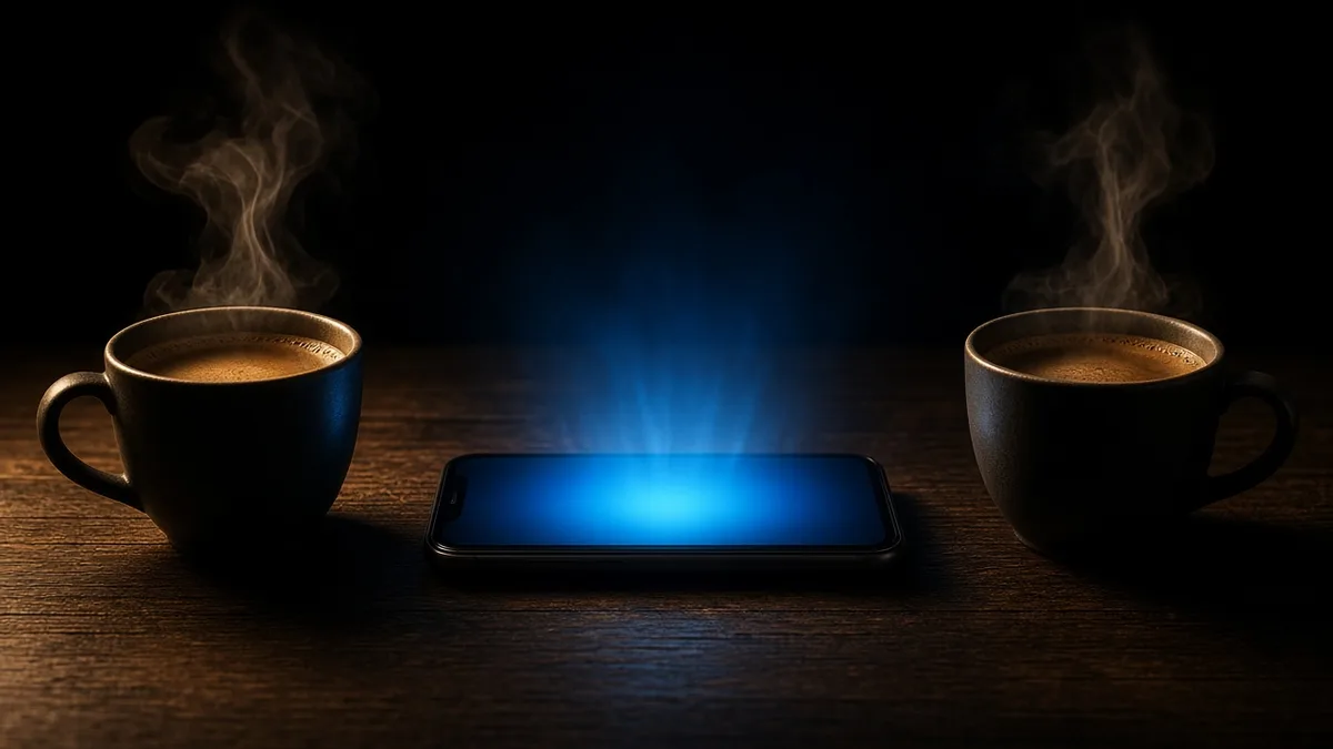 Dos tazas de café sobre una mesa oscura separadas por un móvil encendido que brilla entre ellas