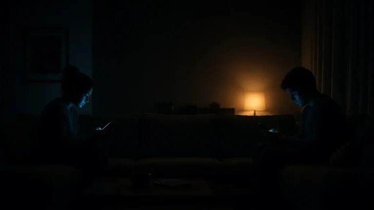 Pareja en un sofá a oscuras, iluminada solo por la luz azul de sus móviles, emocionalmente distante
