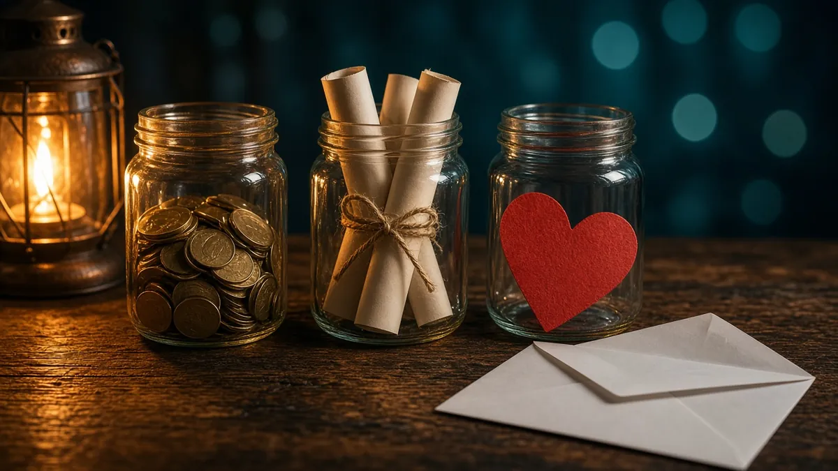 Tres frascos de vidrio con monedas, billetes enrollados y un corazón de papel rojo junto a un sobre abierto, con luz ámbar y fondo teal