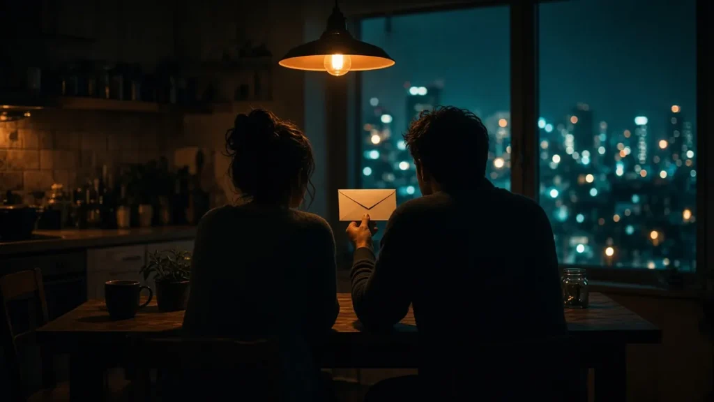 Siluetas de una pareja en la mesa de la cocina de noche sosteniendo un sobre blanco bajo una lámpara ámbar, con luces teal de la ciudad al fondo