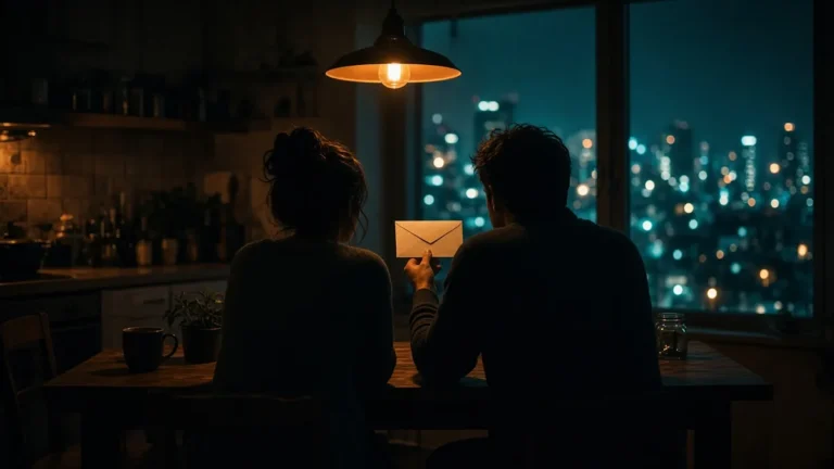 Siluetas de una pareja en la mesa de la cocina de noche sosteniendo un sobre blanco bajo una lámpara ámbar, con luces teal de la ciudad al fondo
