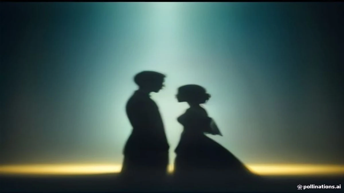 Siluetas de una pareja: una se inclina hacia delante y la otra se aleja, contraste cinematográfico teal y ámbar