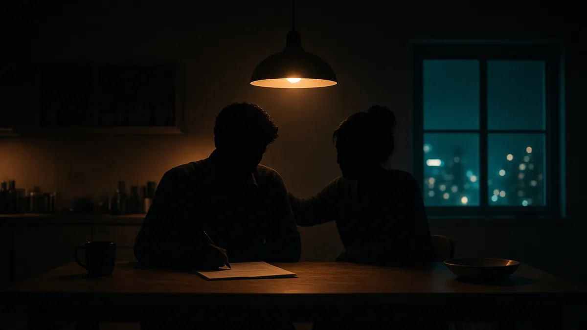 Siluetas de una pareja en la mesa de la cocina por la noche dudando antes de firmar un documento bajo una lámpara ámbar, con ventana teal al fondo