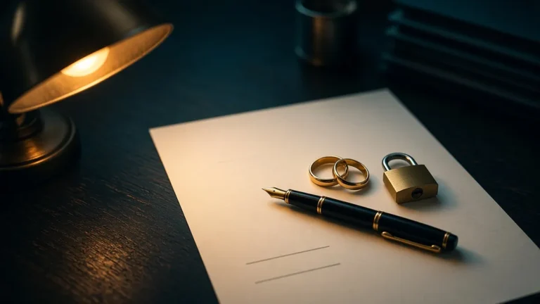 Contrato de préstamo sin firmar con una pluma, dos alianzas entrelazadas y un candado dorado sobre un escritorio oscuro con luz ámbar y sombras teal