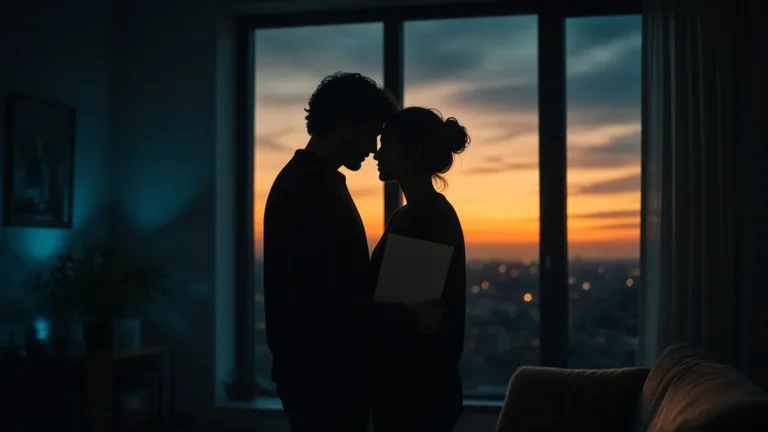 Siluetas de una pareja abrazada frente a un ventanal al atardecer, uno sostiene un documento, luz ámbar y sombras teal