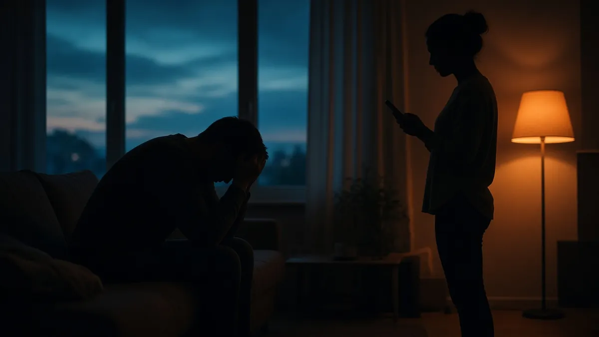 Siluetas de una pareja en un salón al anochecer: una persona agotada en el sofá con la cabeza entre las manos y la otra de pie mirando el móvil junto a una lámpara ámbar