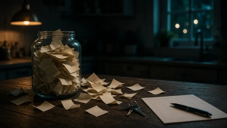 Frasco de cristal desbordado de notas de papel sobre una mesa de cocina de madera, con llaves, un calendario y una pluma bajo una lámpara ámbar y sombras teal