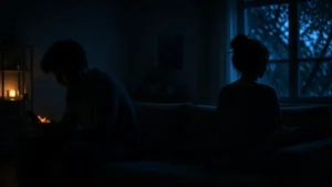Siluetas de una pareja en el sofá de noche: uno mira su móvil iluminado y el otro mira hacia la ventana, de espaldas