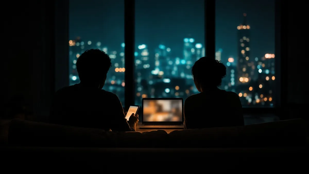 Siluetas de una pareja en el sofá de noche mirando ofertas en una laptop y un celular, con la ciudad iluminada en tonos teal tras la ventana