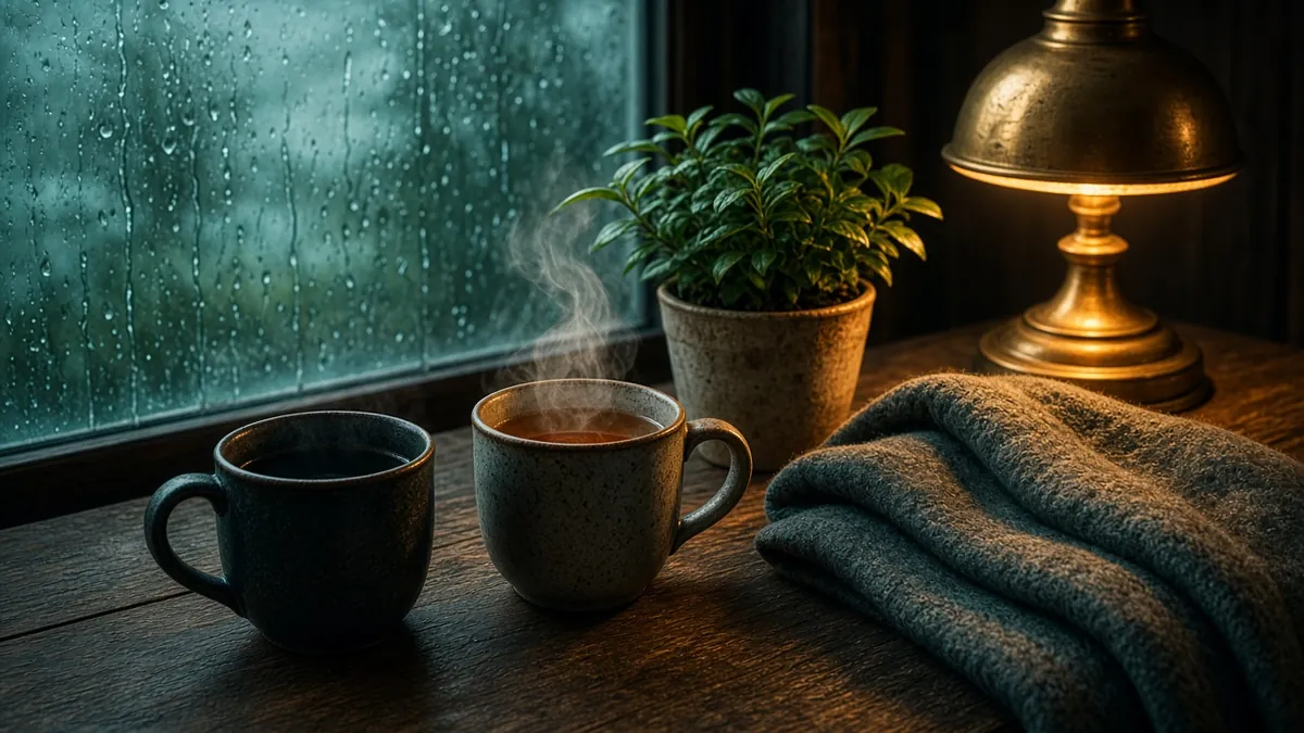Dos tazas de cerámica, una con té humeante, junto a una planta pequeña, una manta doblada y una lámpara de latón con luz ámbar sobre una mesa de madera frente a una ventana con lluvia en tonos teal