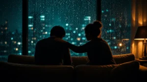 Siluetas de una pareja de noche en el sofá: una persona cabizbaja y la otra a su lado con la mano en su hombro, frente a una ventana con lluvia y luces de ciudad en tonos teal y una lámpara ámbar