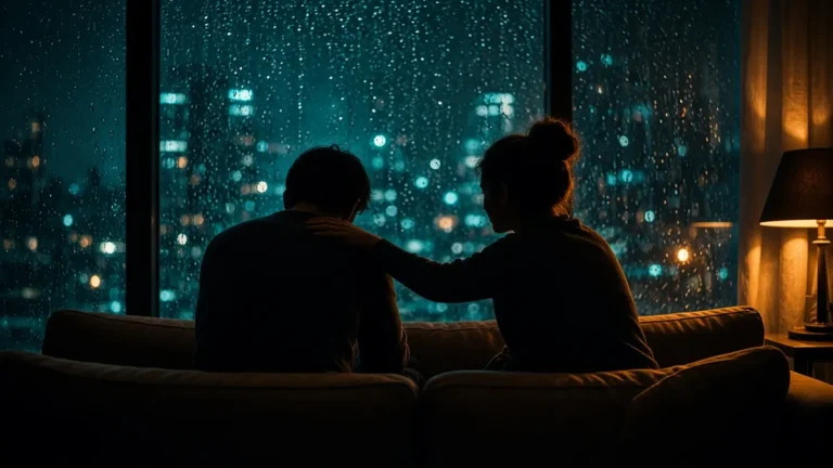 Siluetas de una pareja de noche en el sofá: una persona cabizbaja y la otra a su lado con la mano en su hombro, frente a una ventana con lluvia y luces de ciudad en tonos teal y una lámpara ámbar
