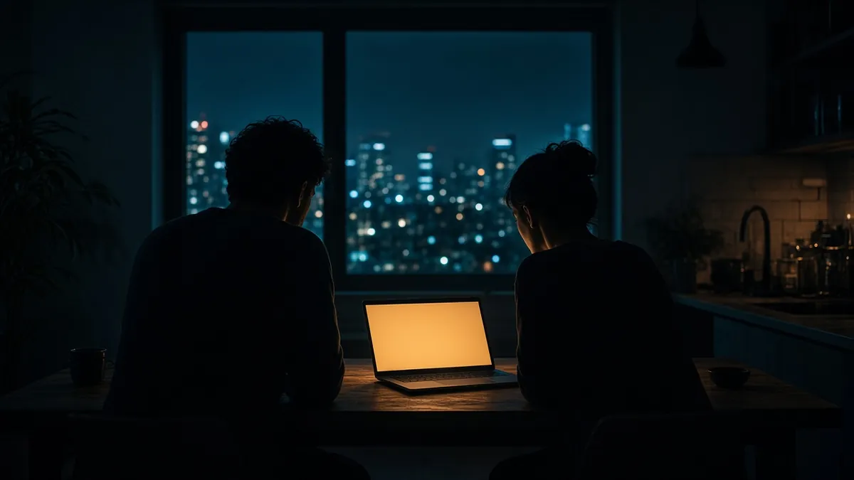 Siluetas de una pareja sentada en la cocina de noche revisando juntos una laptop iluminada en ámbar, con la ciudad al fondo