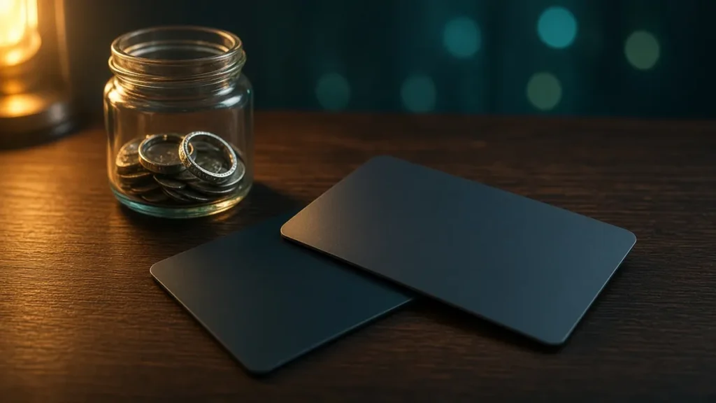 Dos tarjetas bancarias lisas cruzadas sobre una mesa de madera junto a un frasco con monedas y anillos, luz ámbar y fondo teal