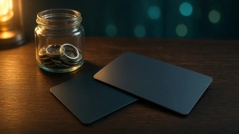 Dos tarjetas bancarias lisas cruzadas sobre una mesa de madera junto a un frasco con monedas y anillos, luz ámbar y fondo teal