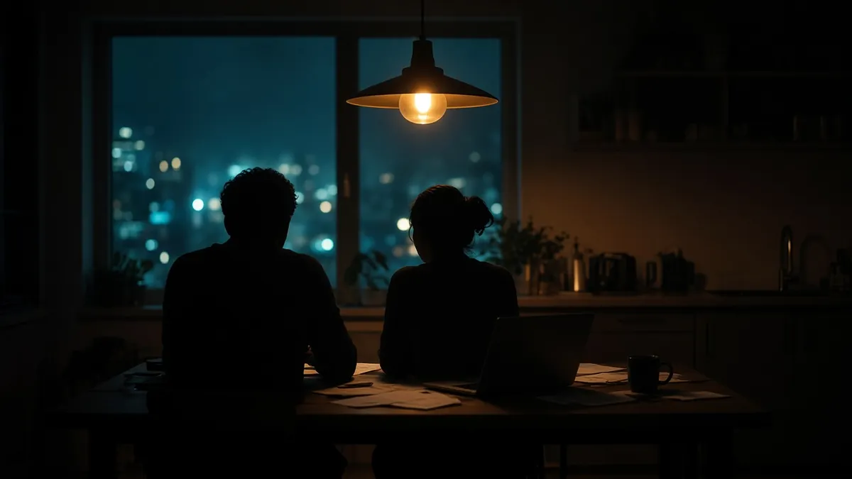 Siluetas de una pareja sentada frente a una mesa con papeles y una laptop, iluminada por una lámpara ámbar con sombras teal