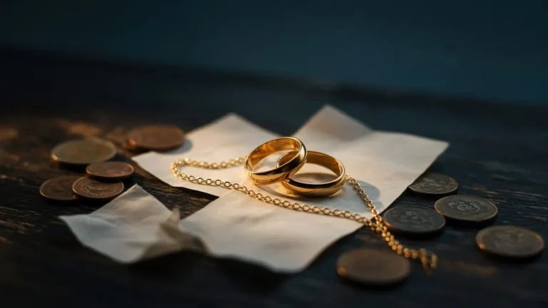 Dos anillos unidos por una cadena sobre unos recibos y monedas, luz ámbar contrastada y fondo teal oscuro