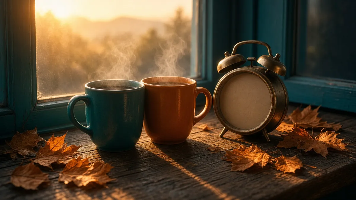Dos tazas humeantes junto a un reloj despertador antiguo y hojas secas de otoño sobre el alféizar de una ventana con luz de amanecer