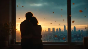Siluetas de una pareja abrazada junto a una ventana al atardecer de otoño, con luz ámbar del sol bajo y la ciudad en tonos azulados