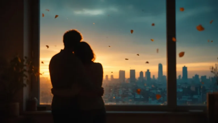 Siluetas de una pareja abrazada junto a una ventana al atardecer de otoño, con luz ámbar del sol bajo y la ciudad en tonos azulados