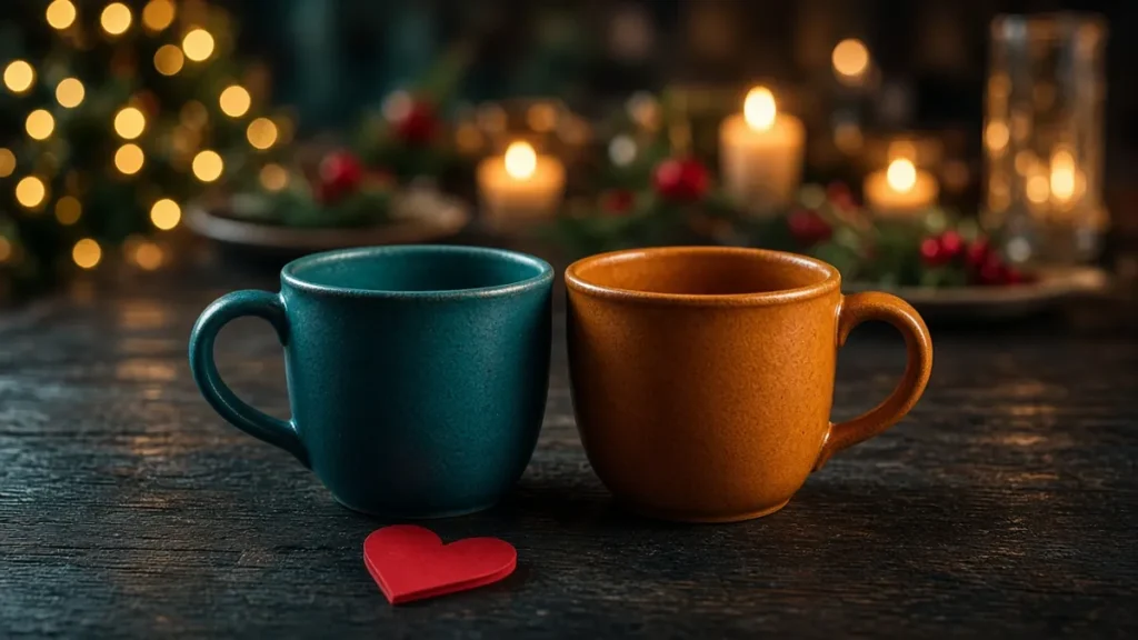 Dos tazas de cerámica, una teal y otra ámbar, juntas sobre una mesa de madera con un corazón de papel rojo, y al fondo una larga mesa navideña con velas encendidas