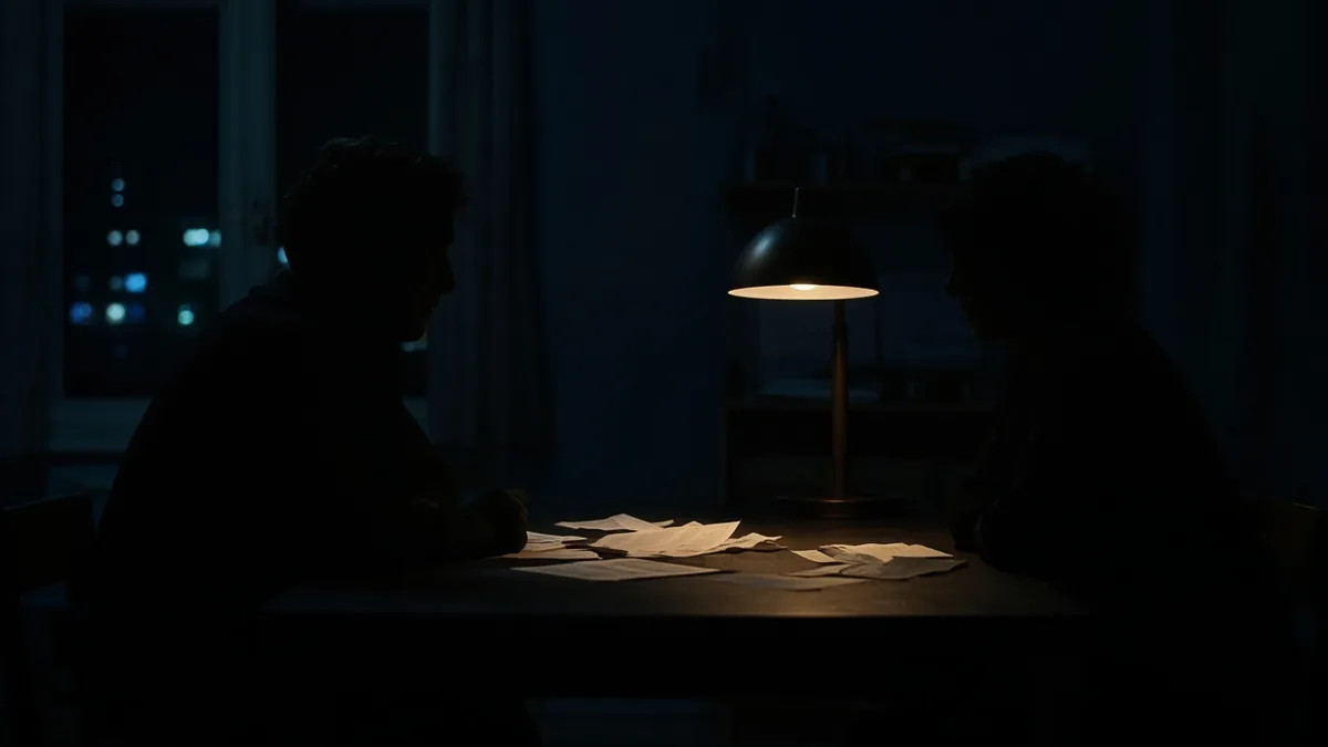 Siluetas de una pareja sentada a la mesa de noche revisando facturas bajo una lámpara ámbar, rostros no identificables
