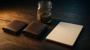 Dos carteras de cuero y monedas junto a un bloc en blanco sobre mesa de madera, luz ámbar y sombras teal