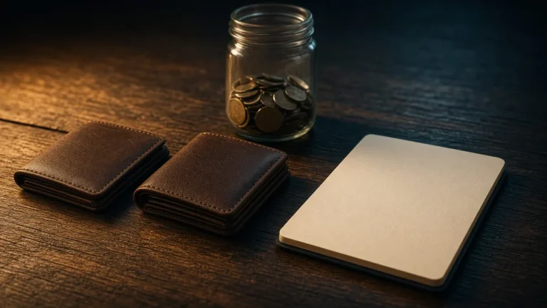 Dos carteras de cuero y monedas junto a un bloc en blanco sobre mesa de madera, luz ámbar y sombras teal