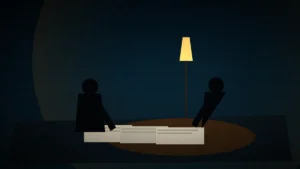 Siluetas de una pareja revisando documentos bajo la luz ámbar de una lámpara, sombras teal cinematográficas