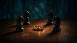 Dos anillos de boda dorados sobre una mesa de madera rodeados por cuatro caballos de ajedrez negros, luz ámbar y fondo teal
