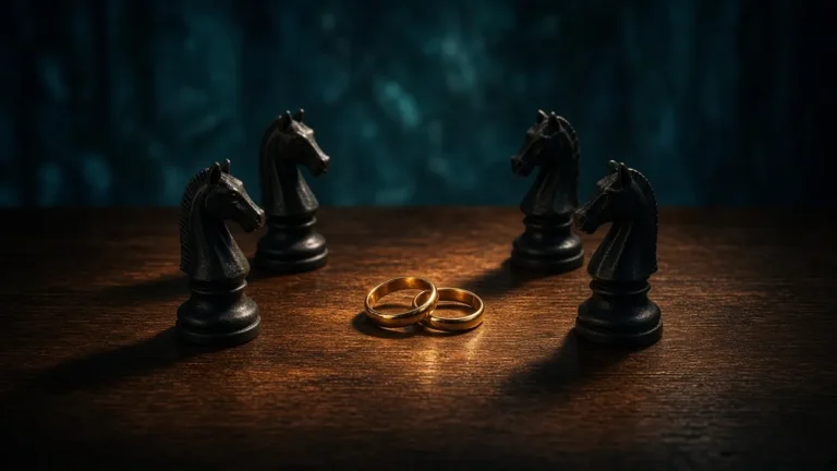 Dos anillos de boda dorados sobre una mesa de madera rodeados por cuatro caballos de ajedrez negros, luz ámbar y fondo teal