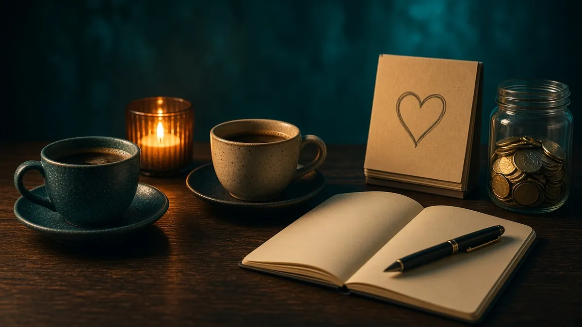 Dos tazas de cafÃ©, una vela, una libreta abierta con pluma, un frasco con monedas y una tarjeta con un corazÃ³n sobre una mesa de madera, luz Ã¡mbar y fondo teal