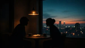 Siluetas de una pareja conversando en una mesa junto a la ventana al anochecer bajo una lámpara ámbar, con dos tazas y una libreta, sombras teal