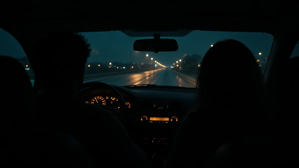 Siluetas de una pareja dentro de un auto de noche, tablero con luz ámbar y carretera teal a través del parabrisas
