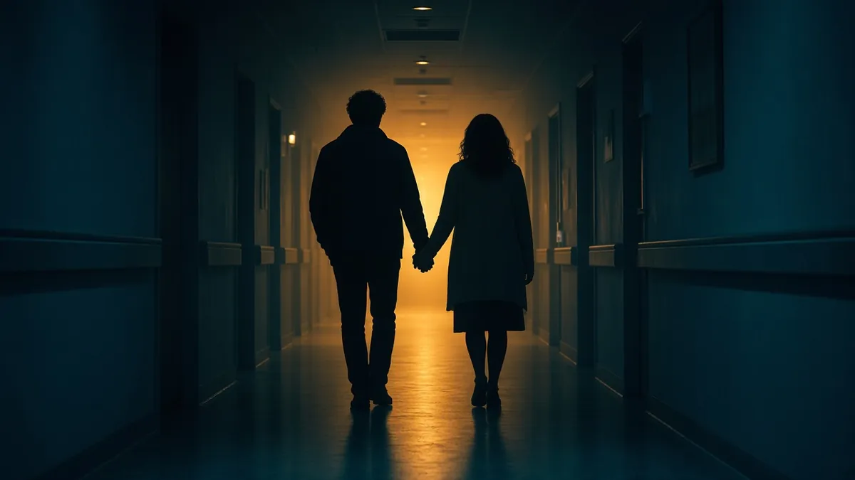 Siluetas de una pareja tomada de la mano en un pasillo de hospital a contraluz ámbar, sombras teal, rostros no identificables