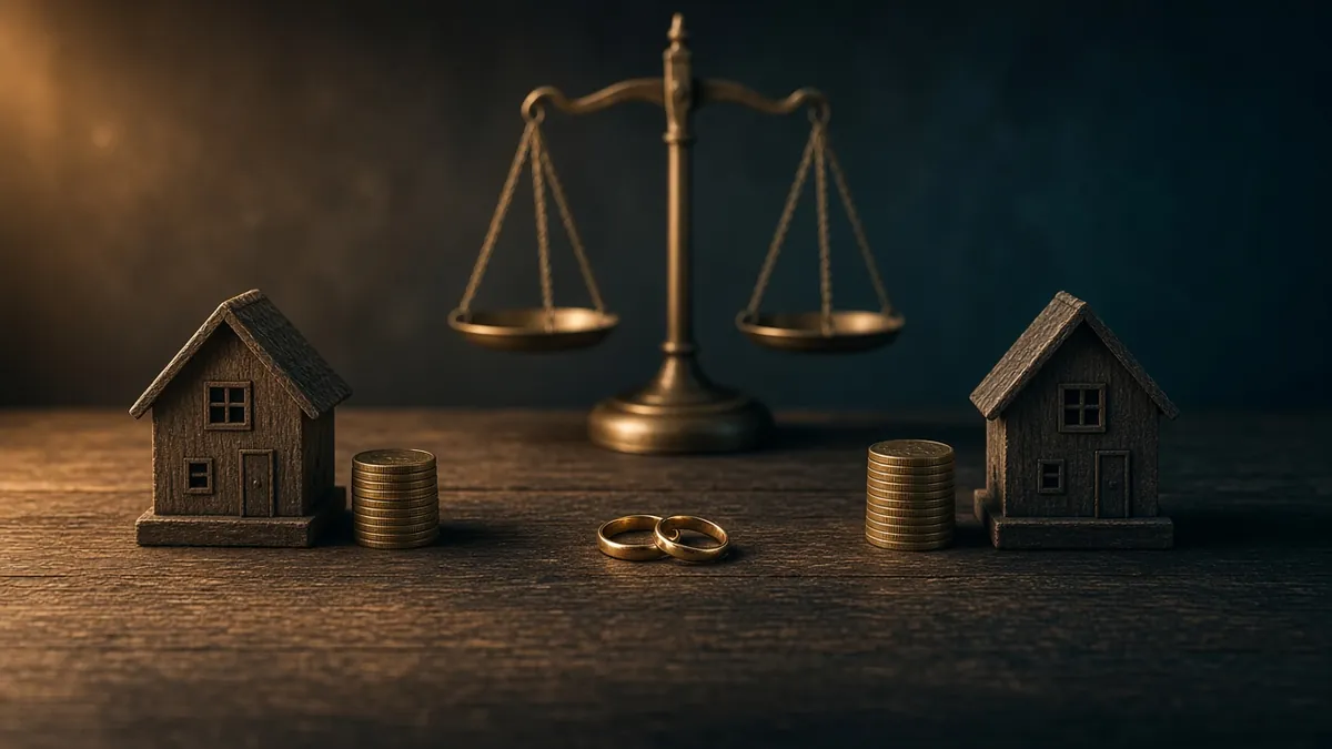 Dos casitas de madera separadas con pilas de monedas, dos alianzas en el centro y una balanza de bronce al fondo, con luz ámbar y sombras teal