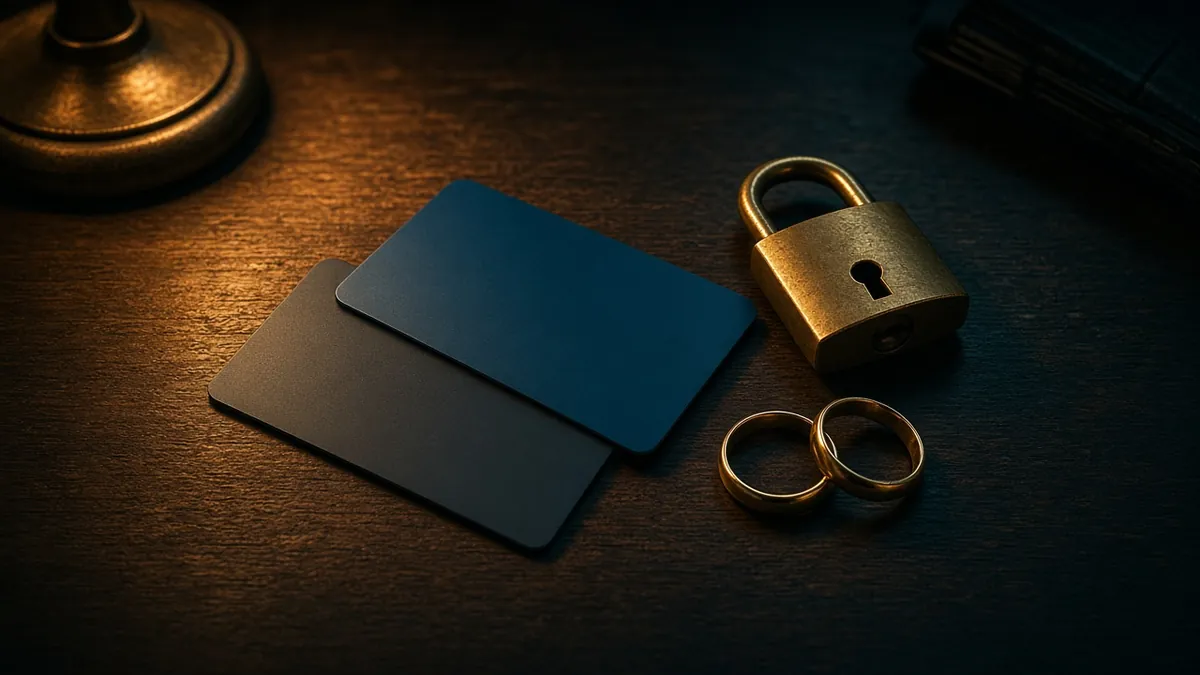 Dos tarjetas de crédito entrelazadas con un candado pequeño y dos alianzas sobre un escritorio oscuro bajo luz ámbar y sombras teal