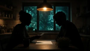 Siluetas de una pareja en la mesa de la cocina revisando un estado de cuenta y una tarjeta de crédito bajo una lámpara ámbar, con ventana teal al fondo