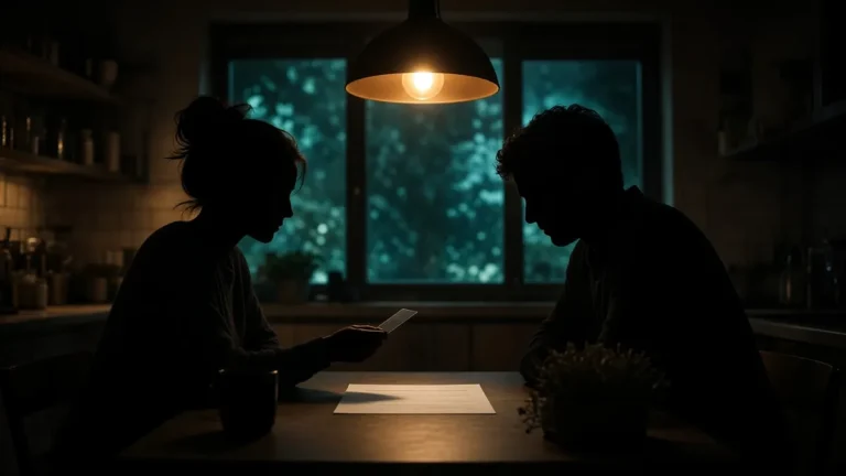 Siluetas de una pareja en la mesa de la cocina revisando un estado de cuenta y una tarjeta de crédito bajo una lámpara ámbar, con ventana teal al fondo