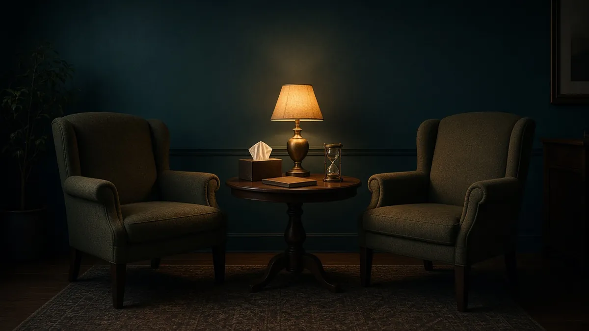 Dos sillones vacíos frente a frente con una mesa que tiene una lámpara ámbar, pañuelos, una libreta y un reloj de arena, sobre fondo teal oscuro