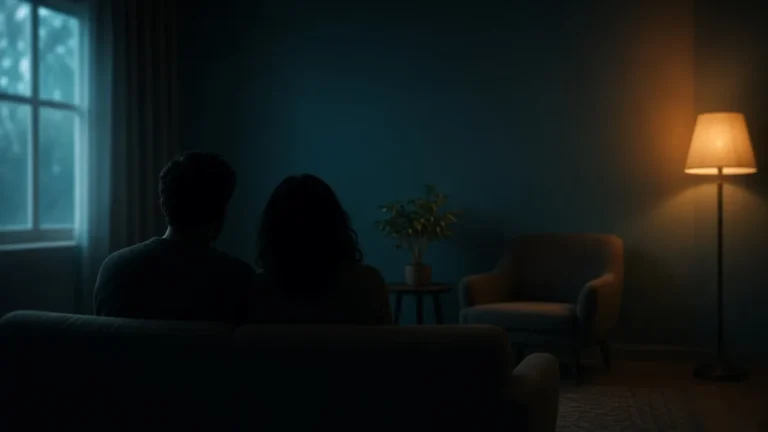 Siluetas de una pareja sentada en un sofá frente a un sillón vacío en un consultorio, con lámpara ámbar y pared teal oscura